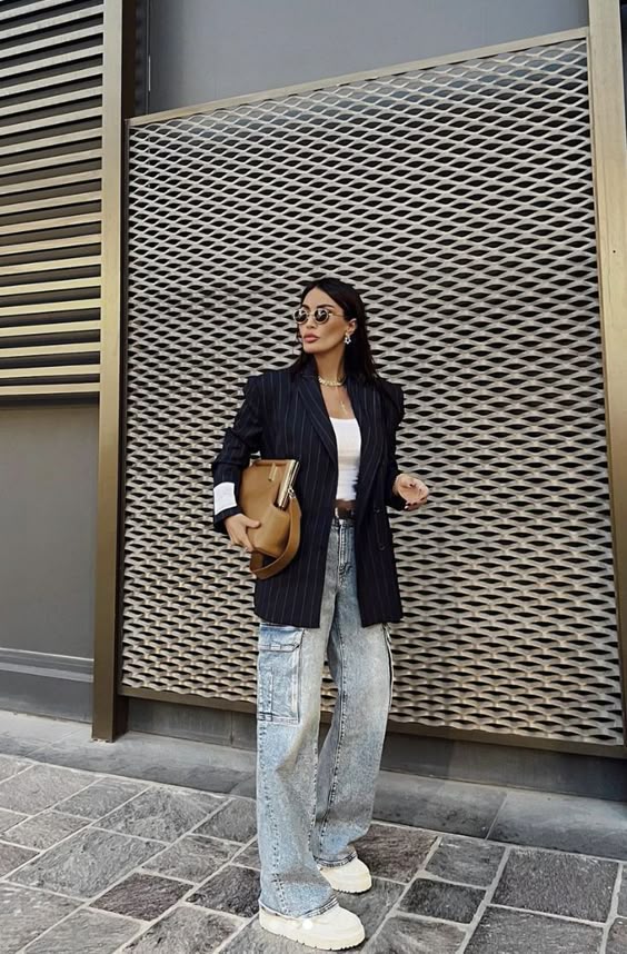 cargo pants outfit Denim Cargo Pants with Navy Blue Blazer