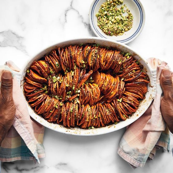 Shingled sweet potatoes with harissa