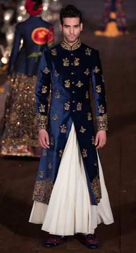 Blue Velvet and gold bandhgala sherwani with a white flare lower for the Indian Groom | Rohit Bal | Curated by Witty Vows