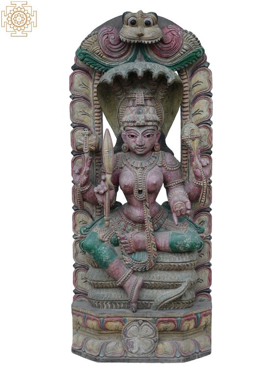 Wood - 36" Large Goddess Lakshmi Devi Seated On Sheshnag Throne