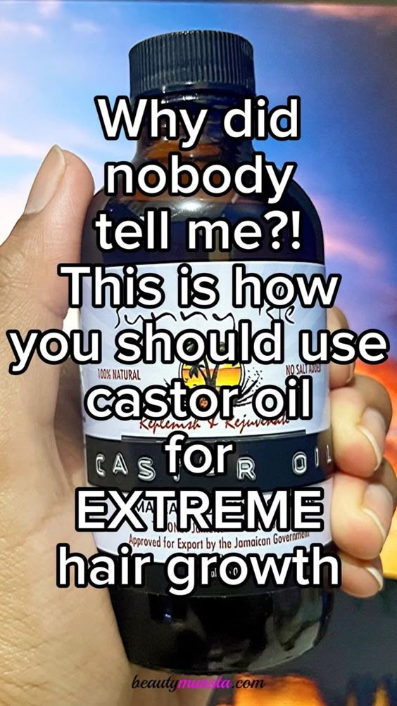 bottle of hand holding castor oil with text, how to use castor oil for hair growth