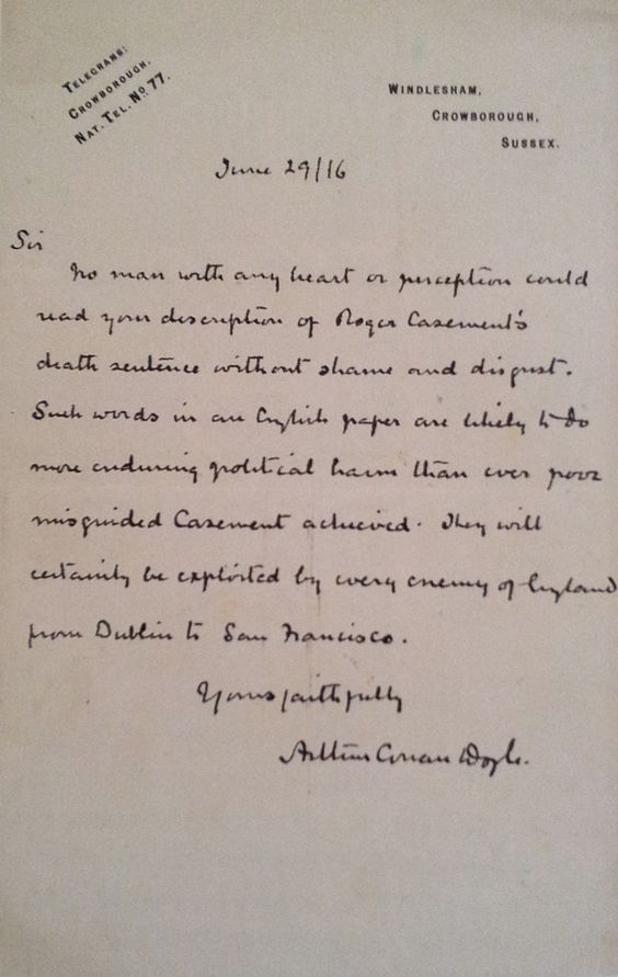 Conan Doyleu0027s letter about Roger Casement (29 june 1916 - admiration letter Conan Doyleu0027s letter about Roger Casement (29 june 1916 - admiration letter
