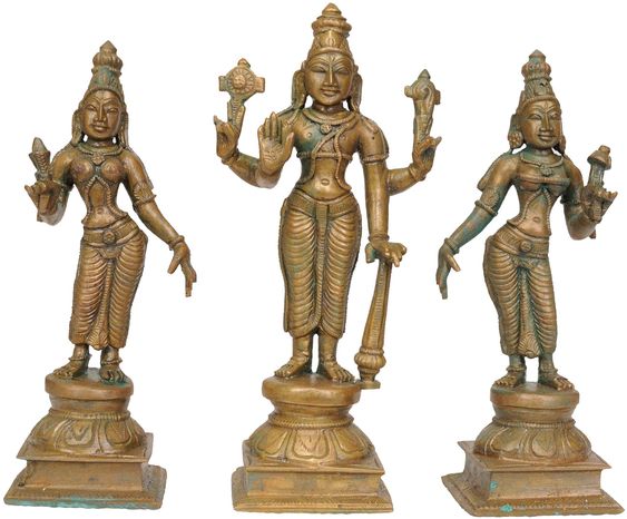 Bronze Statue from Swamimalai - Lord Vishnu with Bhu Devi and Shri Devi