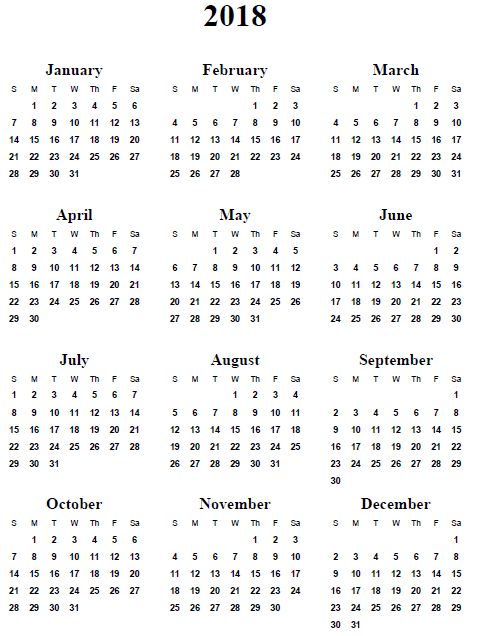 2018 mini calendar