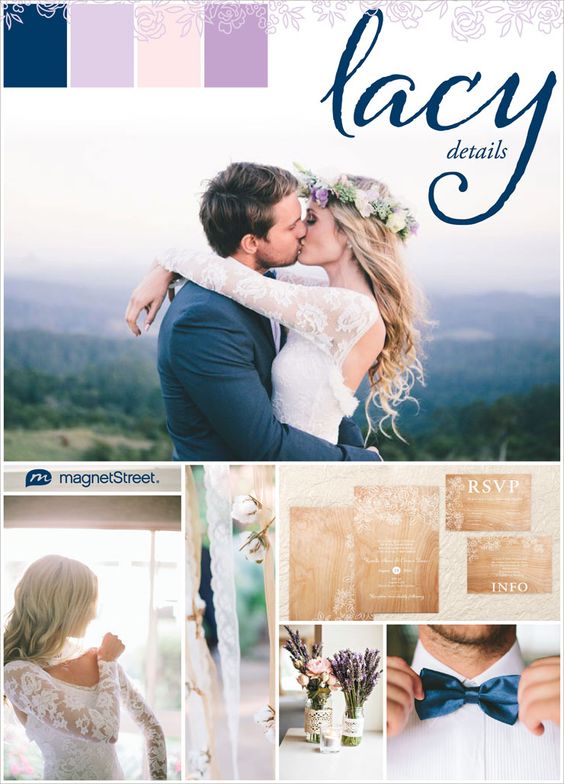 Navy and Lavender color scheme + lace wedding ideas for a rustic boho stle