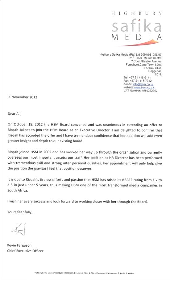 rizqah jakoet appointed the hsm board directors highbury - board of director resume rizqah jakoet appointed the hsm board directors highbury - board of director resume