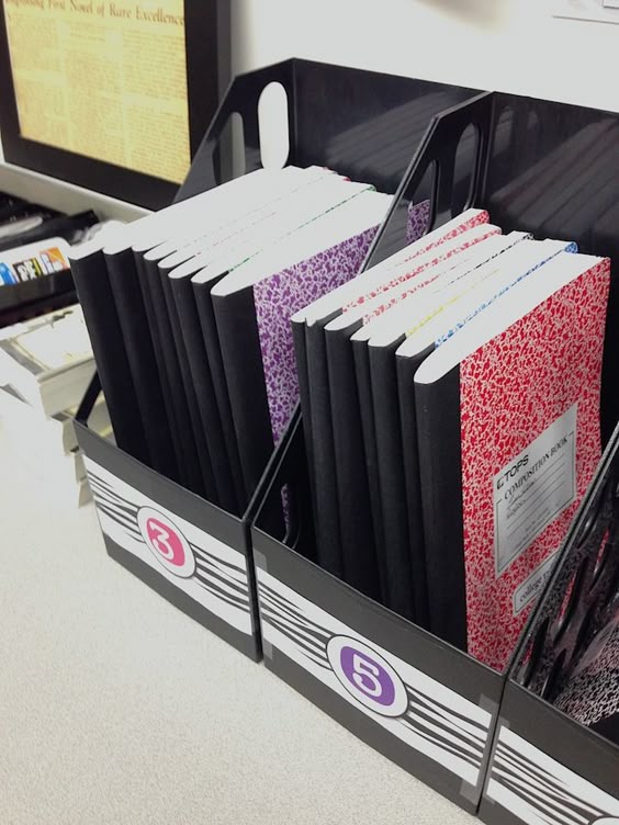 Interactive notebooks - how to store in your classroom. Magazine bins hold about 10-15 books each.