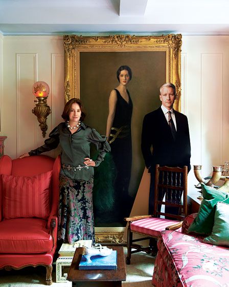 Gloria Vanderbilt w/ son Anderson Cooper in front of portrait of her Mother