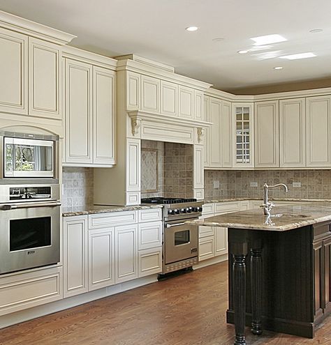 Off White Kitchen With Large Decorative Wood Hood Wall Oven Island Ideas Modern Design Kitchen Ideas, Off White Kitchen Island