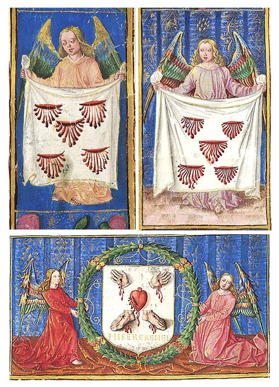 Angels displaying cloth on which are five bleeding wounds (top) | Two angels flank and support heraldry of the Acuña family of Castile incorporating bleeding hands, heart and feet of Christ (bottom) | Gradual | Spain, Castile | ca. 1500-1510 | The Morgan Library & Museum