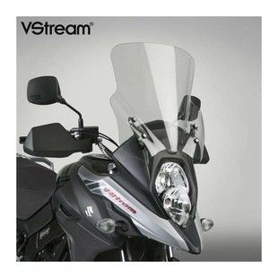 National Cycle VStream Sport Touring Windscreen Suzuki V-Strom DL650 / 650XT National Cycle revolutionizes windscreen performance with the new VStream! The advanced \'V\' shape and dimensional contours push the wind vortex out and away from the riders\' helmet, resulting in a peaceful, quiet environment. Greatly reduced wind noise... much less turbulence... The VStream revolution is here! Features: Thick, sturdy FMR hardcoated Lexan polycarbonate Height: 16.5 Width: 16.38 Includes mounting kit