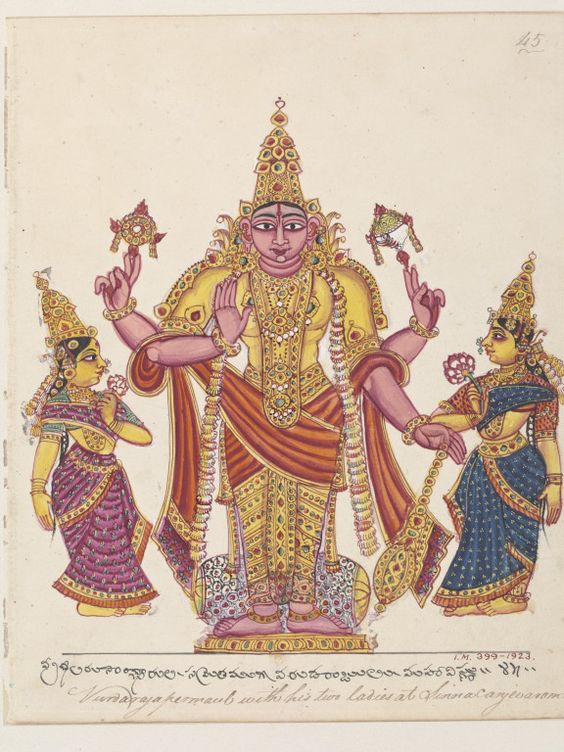 Vishnu as Varadarajaswami with his two \'shaktis\', Shri Devi and Bhumi Devi.