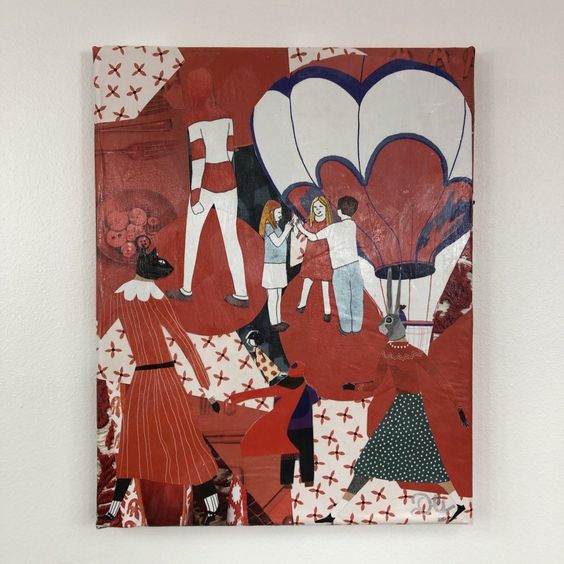 Tableaux collage toile tendue réf 2815 hauteur 30cm largeur 24cm couleur rouge multicolore fait main modèle unique