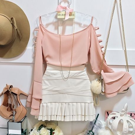BLUSA DELUXE CARLA ( MANGA FLARE BABADOS) COR NUDE ROSADO