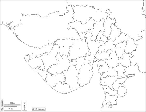 Gujarat free map, free blank map, free outline map, free base map boundaries, districts, main cities, white