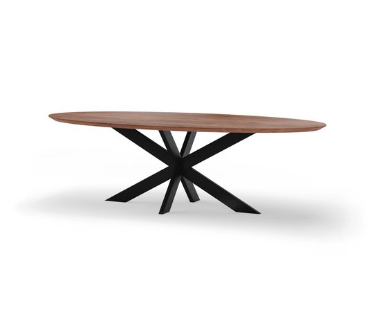 Ovale notenhouten tafel op maat, stalen onderstel XX-poot 10x4.