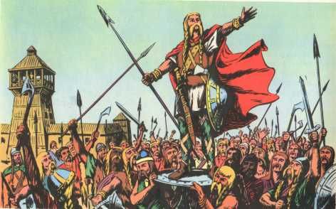 Les guerriers francs choisissent Clovis pour roi. Illustration tirée du livre "Histoire de France pour les cours élémentaires en 1969".