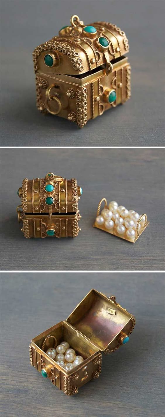 A vintage 3d 18k Etruscan treasure chest charm pendant, with pearl loot, and turquoise and malachite cabochon, offered by MintAndMade. $1,375