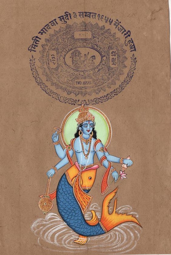 Vishnu Matsya Painting Handmade Hindu God Fish Incarnation Avatar Watercolor Art