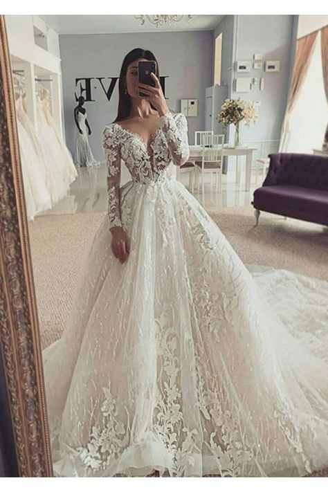Vestido De Novia De Manga Larga Ilusión Vestido De Bola Con Apliques Cuello En V Us 349 00 Vtopcnbk148 Vestidobello Com Vestido Novia Manga Larga Vestidos De Novia Vestidos De Novia Disney