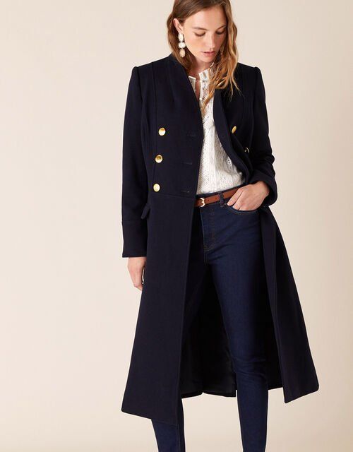 Rosaline Long Military Coat In Wool Blend Blue Coats Monsoon Uk Outfit Coat Military Outfit, Military Winter Coats Womens Uk