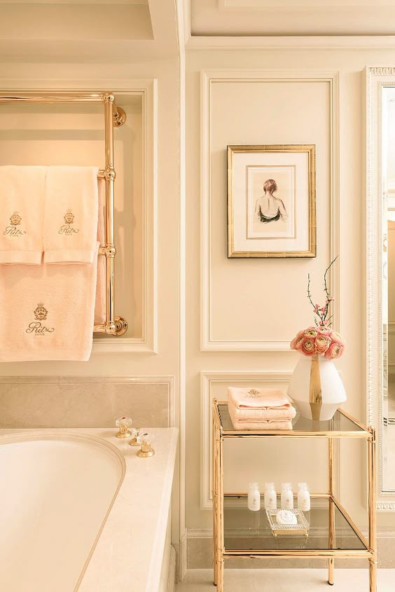 Ritz Paris bathroom Paris Ritz pink luxury bathroom with gold accents #ritzparis #femininedecor #blushpink