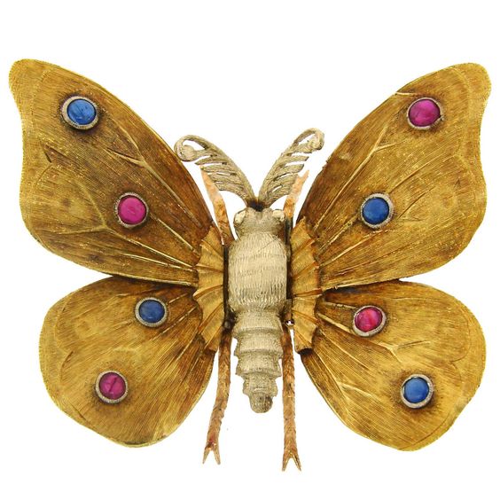 1950s MARIO BUCCELLATI Ruby Sapphire Yellow Gold Butterfly Pin Brooch | From a unique collection of vintage brooches at https://www.1stdibs.com/jewelry/brooches/brooches/