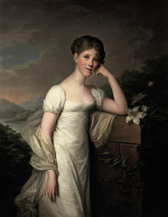 Friedrich Carl Gröger (Plön 1766-1838 Hamburg) Portrait of Sophie Caroline von Berger, nee Gräfin Krag-Juel-Vind-Fries, three-quarter-length, in a white dress and a silk wrap, standing in a landscape, leaning on a pedestal with lilies signed and dated 'Groger pinx 1809' (lower right) oil on canvas 123.3 x 96.5 cm.