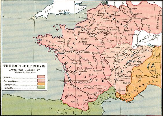 The Empire of Clovis after the victory at Vouillé, AD 507. In 500 Clovis fought a battle with the Burgundian kingdom at Dijon but was unable to subdue them. He gained the support of the Alans, Gallo Romans & Britons in the following years, who helped him defeat the Visigothic kingdom of Toulouse in the Battle of Vouillé. The battle added most of Aquitaine to his kingdom. According to Gregory of Tours, the Byzantine Emperor Anastasius I granted Clovis the title of consul.