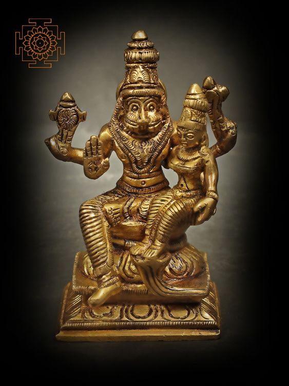 Brass Statue - 4" Bhagawan Narasimha with Devi Lakshmi In Brass | Handmade | Made In India