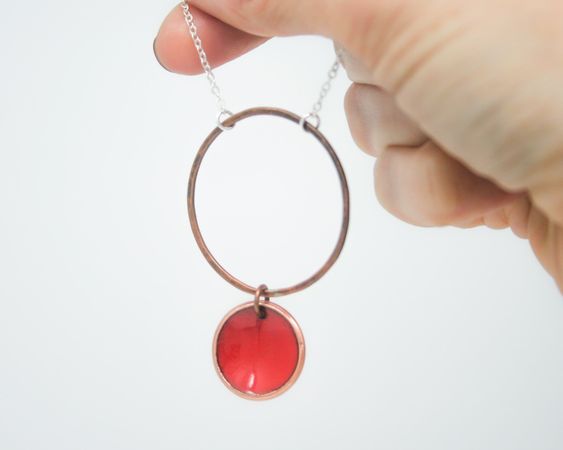 Necklace with enameled penny suspended on large copper ring, on chain.The chain length is adjustable from 16 to 18"Pendant measures 2"Penny jewelry is a great copper anniversary gift.Many buy my enamel penny jewelry as a "pennies from heaven" gift, to remember a loved one.You can order these with a custom date (between 1940 and 1982) buy adding this custom date upgrade here