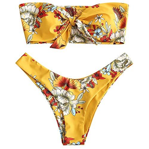 ZAFUL Bikini Set Bandeau Femme Coupe Haute Maillot de Bains 2 pièces Noeud de Cravate Imprimé Floral sans Bretelles Vintage