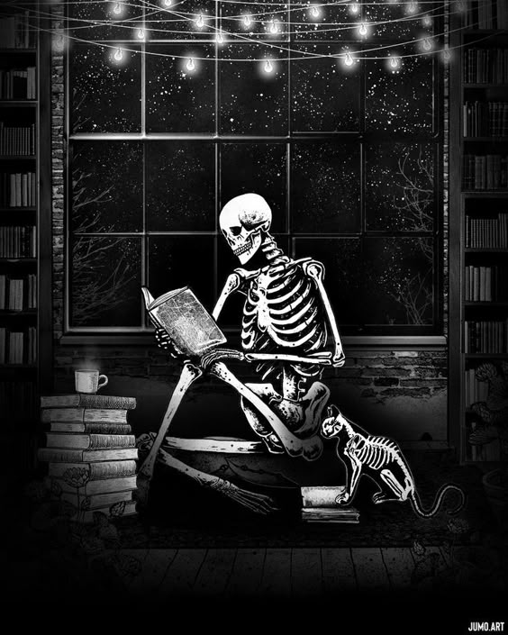 "Nine Lives And More With You Pt 3" by Junaid Mortimer (@jumo.art). Skeleton reading book with cat. #kitty #skullart #arte #gothicart