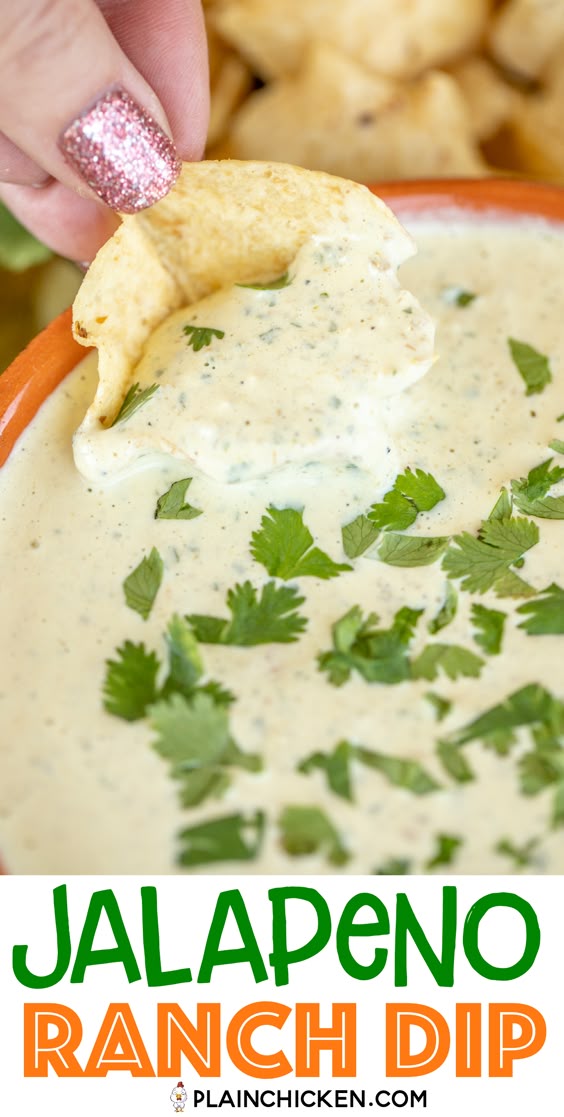 Jalapeno Ranch Dip - so simple and tastes better than Chuy's! Made this for a party and it was the first thing to go! Pickled jalapenos, cilantro, sour cream, mayonnaise, buttermilk, tomatillo green salsa, cumin and Ranch dressing mix. Packs a kick! Great with chips, veggie slices, or with your favorite Mexican dish. Swap this for your usual ranch dressing when you want to kick things up a notch. #mexican #dip #chuys #jalapenoranch #ranchdressing