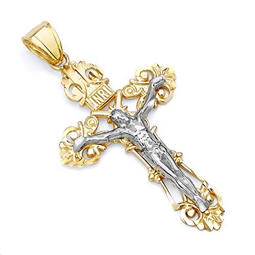 Wellingsale 14K Two 2 Tone White and Yellow Gold Polished Milgrain Religious Catholic Gothic Crucifix Charm Pendant