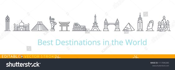 Best tourist destinations in the world. Editable vector stroke set icons. USA Russia Europe China England India Egypt.vector#stroke#set#Editable