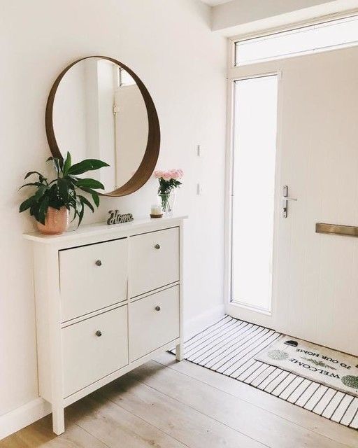 Round Mirror In Minimalist Entryway Decor Arrangement Ideas Ikea Shoe Cabinet Apartment Room Ikea Shoe Cabinet Apartment Decor, Mirror For Hallway Entrance Ikea