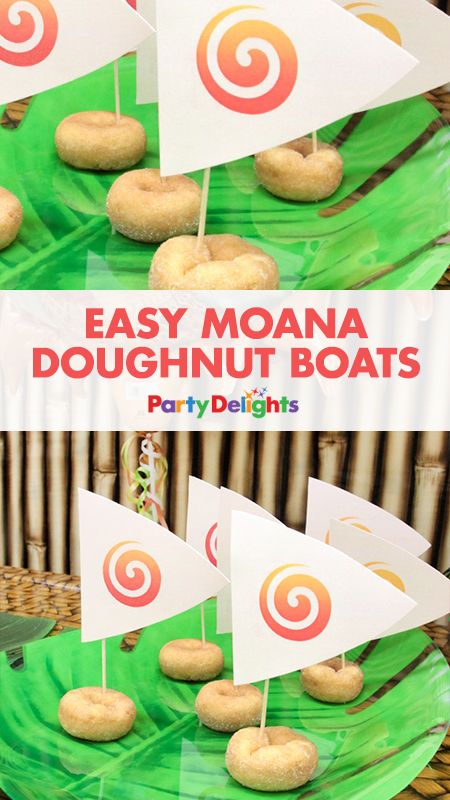 This is a super easy Moana party food idea! Download our free printable sails and use cocktail sticks to stick each one into a doughnut to make boats just like Moana's!