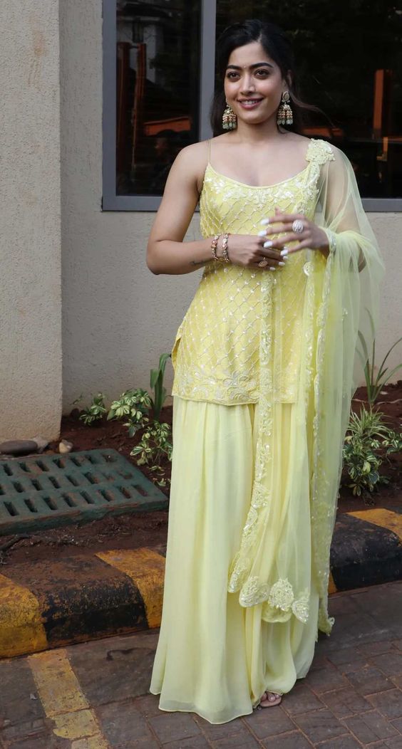 rashmika mandanna in a yellow sharara for goodbye promotions