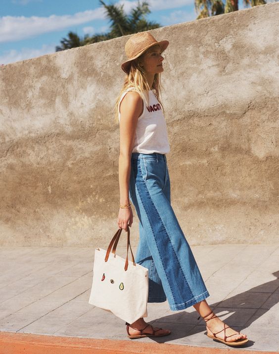 madewell wide-leg crop jeans worn with the embroidered vacation tank + canvas transport tote.
