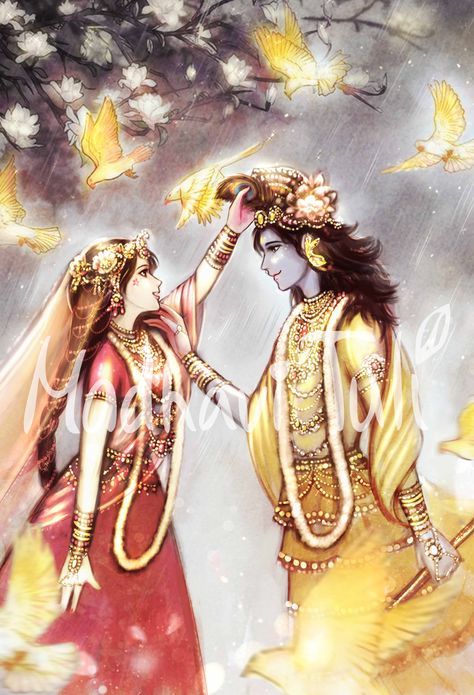 HD File Shri Krishna with Shri Radha, Radha Krishna, in beautiful garden, 4k High quality wallpaper Bhakti Yoga Hindu Gift Indian Gods