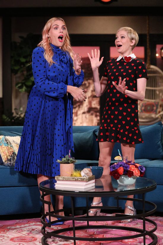 Michelle Williams on "Busy Tonight" in RED Valentino | Tom + Lorenzo
