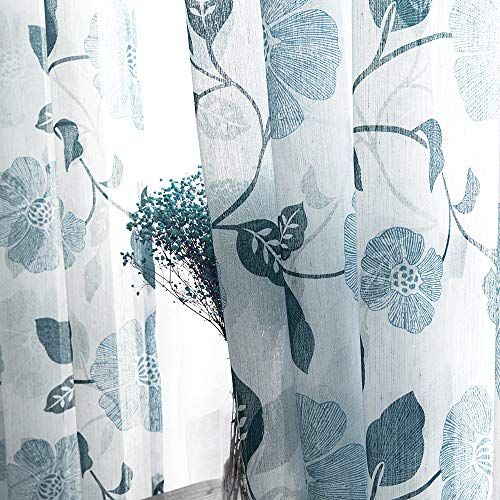 Mrtrees Sheer Curtains Linen Blend Textured 45 Inches Long Short Sheers Fl Printed Bedroom Curtain Pa Window Treatments Living Room Mrtrees Sheer Curtains Linen Blend, 45 Length Curtains