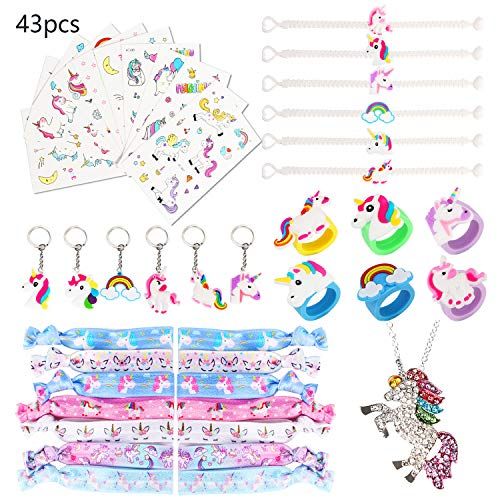 Anneaux Collier Porte-cl/és URAQT 43 Pi/èces Anniversaire Licorne Cadeau Fournitures de F/ête Grands Autocollants de Tatouage Attaches pour Cheveux Bracelet