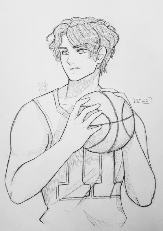 Pencil drawing of a boy holding a basketball in front of him