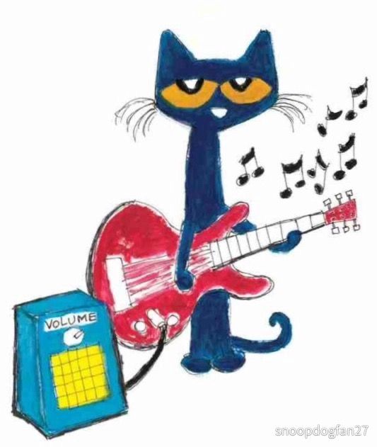 this is pete the cat. he is a black colored cartoon cat out of a series of books. in this image he is strumming his red guitar.