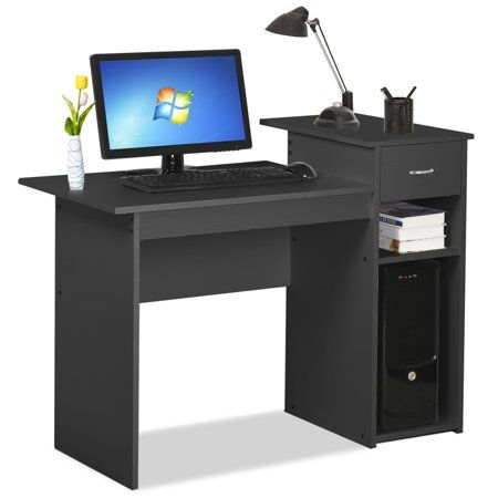 Small Spaces Home Office Black Computer Desk With Drawer And 2 Tiered Storage Shelves Furniture Walmart Com Small Computer Desk Computer Desk Black Computer Desk