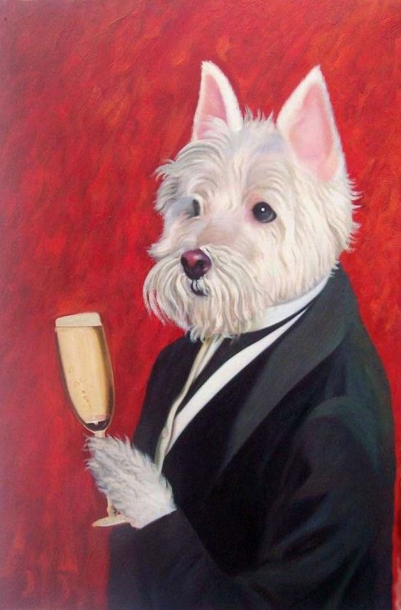 This is my favorite painting of the year. It combines a Westie with a classy tux and champagne with an edgy background for a great overall effect.