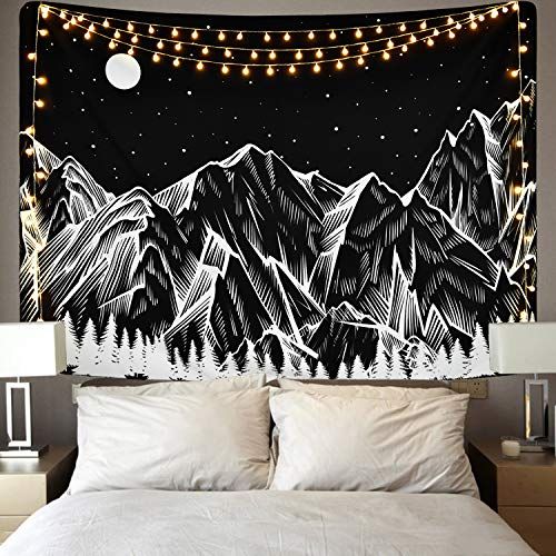 Sevenstars Mountain Tapestry Moon Star Tapestry Starry Night Sky Tapestry Black and White Mountains Tapestry for Room