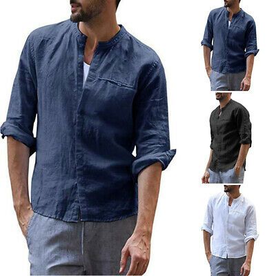 Men/'s Casual Cotton Linen Button Tops Tee Long Sleeves Solid Color Shirts Tops